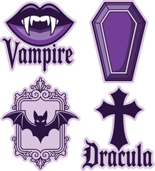 Purple and black vampire themed Halloween icons set with Dracula coffin bat cross spooky gothic vector illustration for decoration design
