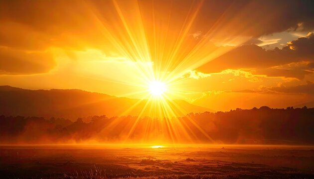 Radiant sunrise over misty landscape; mountain backdrop