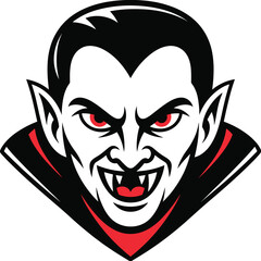 Scary vampire face cartoon illustration with red eyes, fangs, dark hair, Halloween monster character design, horror fantasy vector art