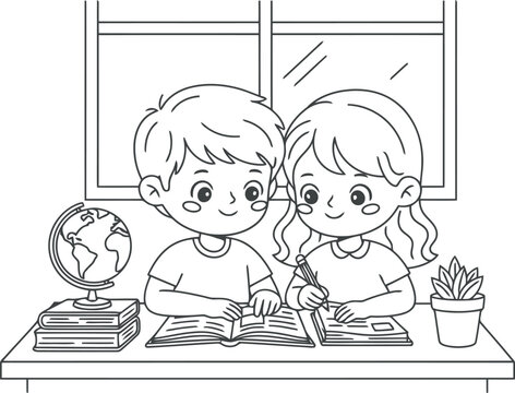 Cute cartoon children studying together at a desk with books and globe