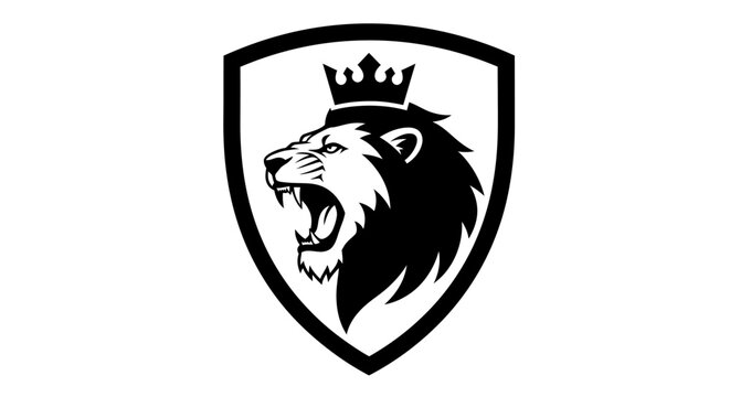 A black and white shield logo featuring a roaring lion wearing a crown.