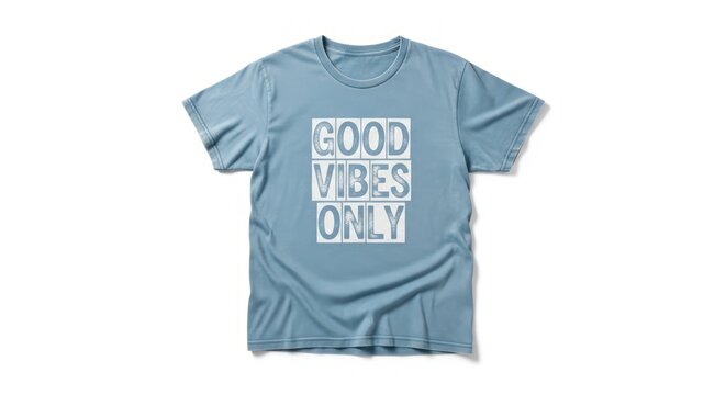 Light blue t-shirt with 'GOOD VIBES ONLY' text on a white background.