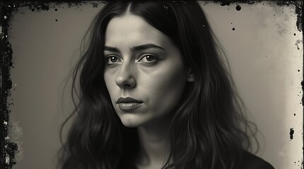 Monochrome portrait of a young woman with long hair, captured in a vintage style with a soft focus and a slightly distressed border, evoking a sense of nostalgia