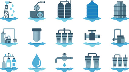Set of fifteen flat icons representing water treatment process, purification systems, filtration tanks, valves, and clean water industry symbols