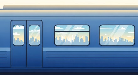 Exterior view shows a blue public transportation vehicle with windows reflecting a distant urban silhouette against a bright sky