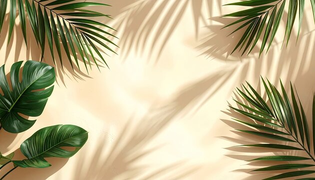 Tropical leaves & shadows on warm beige background with space