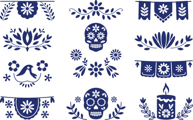 Traditional blue Mexican folk art design set with floral skull candle and bird motifs, dia de los muertos decorative illustration