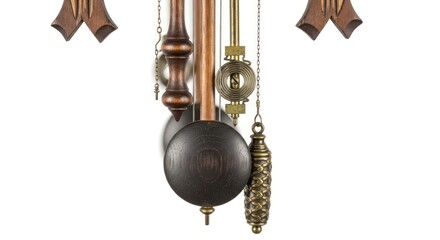 Close-up of a traditional clock mechanism with copper and brass components on a white