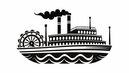 Naklejka premium Vintage paddle steamer silhouette with smokestacks and decorative waves for historical designs