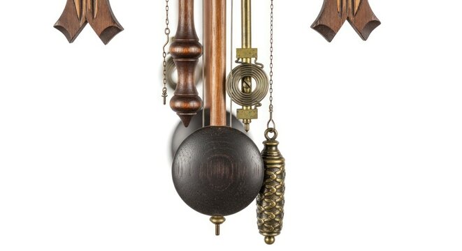 Close-up of a traditional clock mechanism with copper and brass components on a white