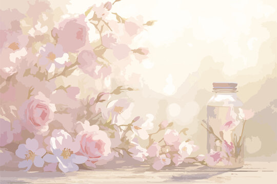 Zarte Vektor-Illustration mit Rosen und einer Glasflasche auf einem hellen Hintergrund, sanfte Pastellt&ouml;ne.