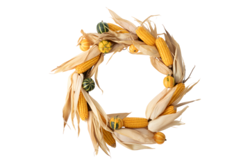 Rustic wreath made of dried corn husks and miniature gourds isolated on transparent background