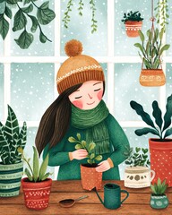 A cozy winter scene showing a girl in a warm hat and scarf potting plants by a window with falling snow.