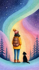 A person and a dog gaze at a colorful night sky, embodying adventure and companionship in nature's beauty.