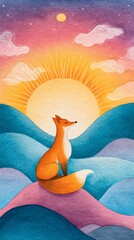 A serene fox sits atop colorful hills, gazing at a vibrant sunrise, embodying nature's peace and beauty.