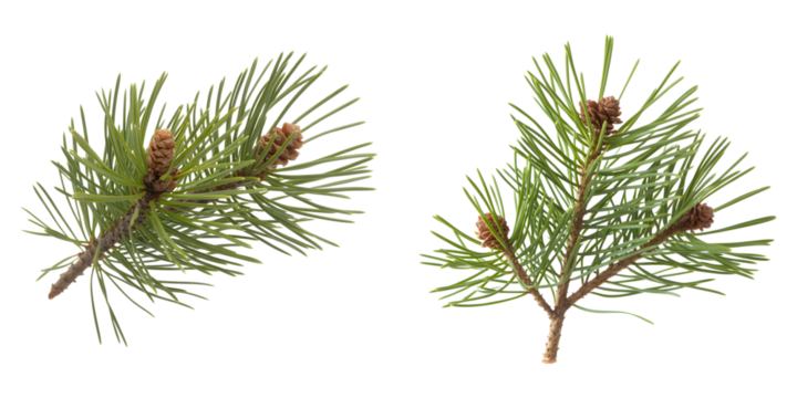 Two Fresh pine needles and small pinecones cluster isolated on transparent background