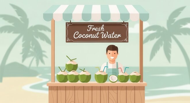 Vendor happily sells refreshing coconut beverages from a beachside stall