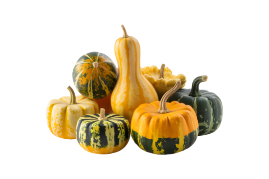 Decorative miniature gourds and heirloom pumpkins isolated on transparent background