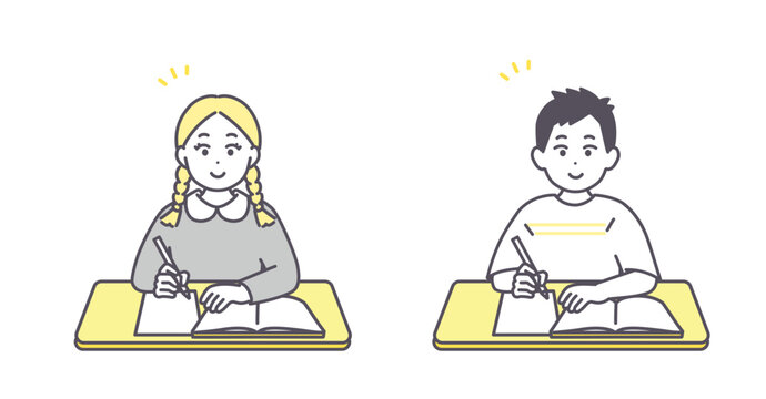 男の子と女の子が机で勉強しているイメージイラスト
