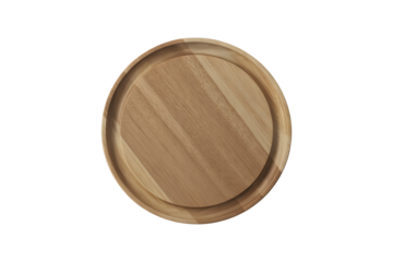 Empty round wooden serving platter isolated on transparent background