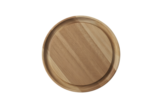 Empty round wooden serving platter isolated on transparent background