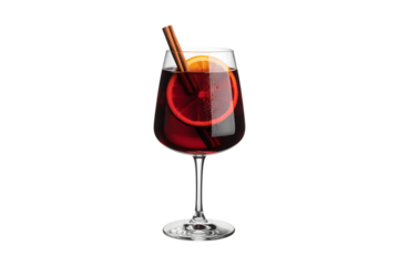 Elegant wine glass with mulled wine garnished isolated on transparent background