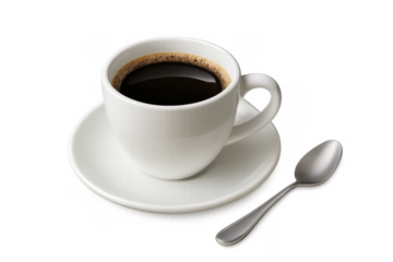 Black coffee in white porcelain cup with saucer and spoon, showing rich crema, on transparent background for easy use