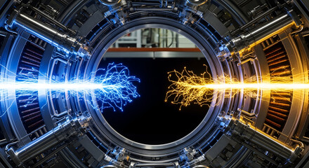 Abstract visualization of energy collision within a complex technological device, with blue and yellow electrical streams meeting