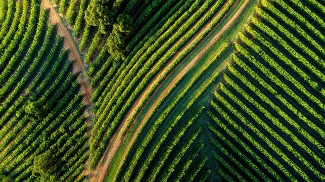 Aerial View of Lush Vineyard Rows, Green Landscape, Agriculture.