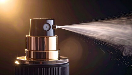 Perfume sprayer releases a fine mist against black