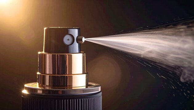 Perfume sprayer releases a fine mist against black
