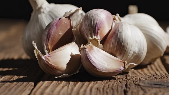 Arranging Garlic Cloves on Rustic Wooden Table, Close Up