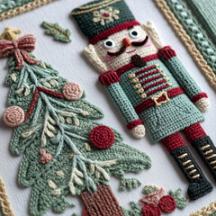Crocheted Nutcracker and Christmas Tree Embroidery Art