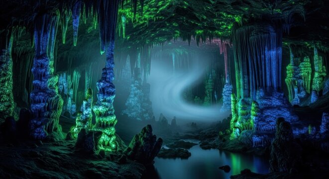 Illuminated Cave: Mystical Stalactites and Stalagmites with Glowing Colors