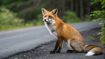 Naklejka premium red fox vulpes on road side of jungle