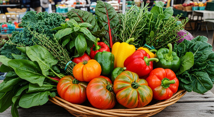 Abundant Basket of Fresh Organic Vegetables and Herbs at a Farmers Market image photo