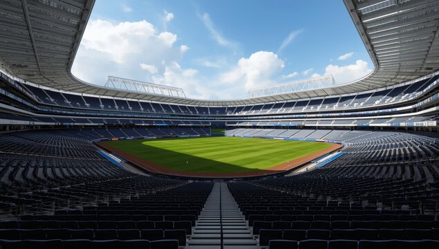 Vast baseball stadium under a bright blue sky with wispy clouds and empty seats