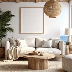 Coastal living room, bright and airy, blank square frame