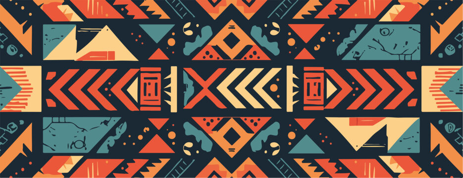 Abstrakte geometrische Vektor-Muster im Stammesstil mit warmen Farben auf dunklem Hintergrund.