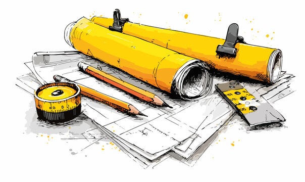 Vektorgrafik von Vermessungswerkzeugen und Baupl&auml;nen f&uuml;r Ingenieurwesen und Architekturprojekte