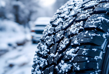Close up of a rugged car tire covered in fresh snow with deep treads for extra grip parked outdoors in a winter landscape with a blurred vehicle in the background