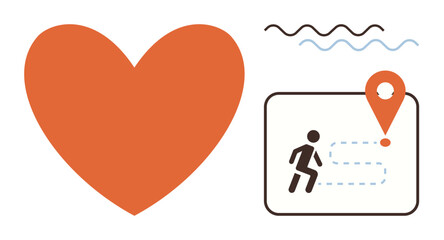 Orange heart next to person icon running on map with dashed path and location pin. Ideal for health, fitness, wellness, navigation, planning, journey, love for exercise. Simple flat metaphor