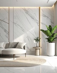 Elegant living room, white marble wall, modern design