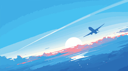 Flugzeug steigt in den Himmel auf, mit Sonne und Wolken im Hintergrund, Vektor-Illustration.
