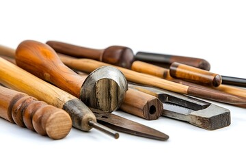 Assorted Old Carving Tools Collection on White Wood Handles, Chisels, and Sharp Blades