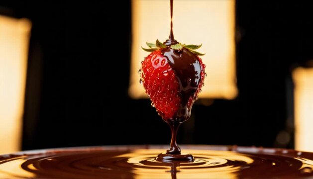 fresh strawberry being dipped in dark chocolate, perfect for chocolate day, chocolate covered anything day, and holiday promotions