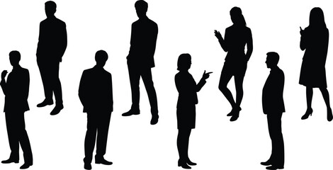 Set of black silhouettes of business people standing, talking, and gesturing, isolated on white background, professional teamwork concept