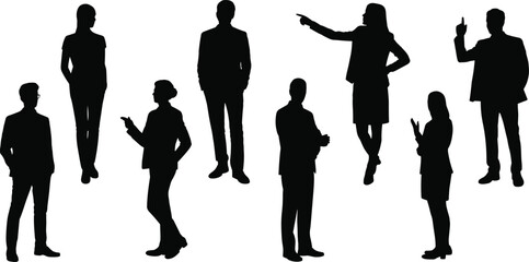 Set of black silhouettes of business people standing, talking, and gesturing, isolated on white background, professional teamwork concept