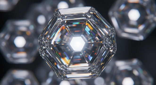 Brilliant faceted crystal with a glowing hexagonal core.