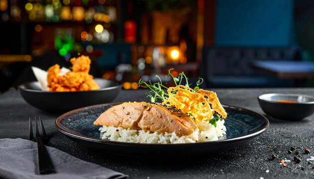 Gourmet meal featuring rice and meat garnished with crispy vegetables served in a dark plate with a blurred restaurant background